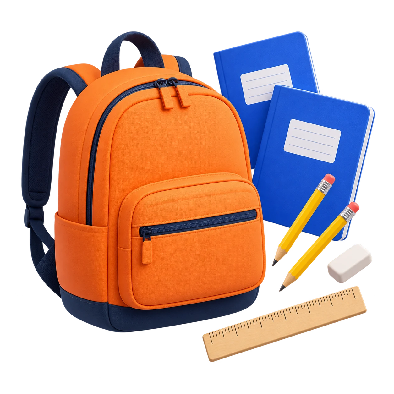 Orangefarbener Schulrucksack mit blauen Heften, Bleistiften, Radiergummi und Lineal